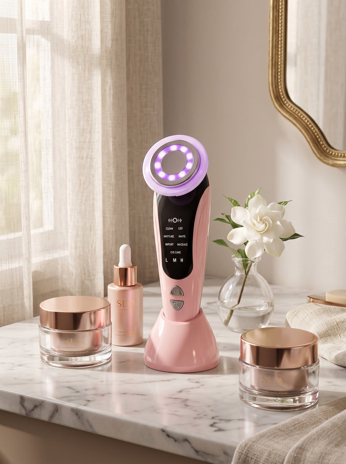 Gua Sha térmico facial SEDA GLOW con calor constante a 42 grados y luz LED roja